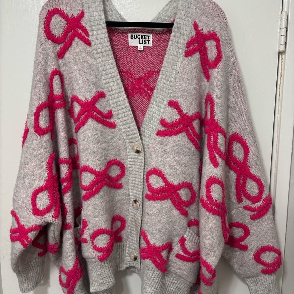 BUCKETLIST Gray Cardigan Sweater with Hot Pink Ribbon Motif